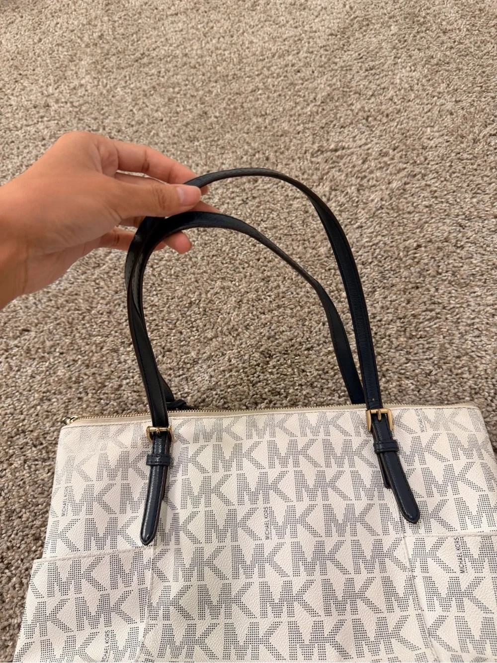 Michael Kors Beige MK Logo Tote with Black Handles and Gold Accent